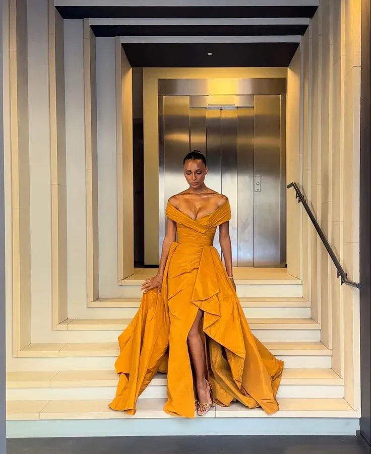 Striking Mermaid Off Shoulder Ruched Layered Mustard Train Evening Dress For Sale