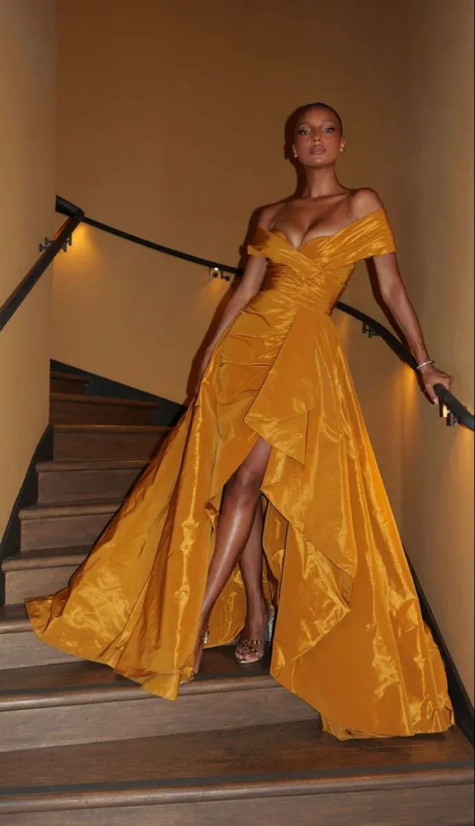 Striking Mermaid Off Shoulder Ruched Layered Mustard Train Evening Dress For Sale
