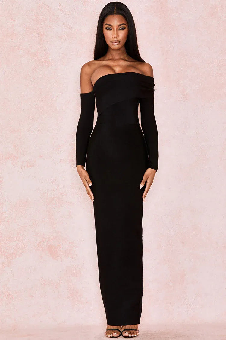 Structured Crepe Floor-Length Evening Dress Black Off-Shoulder Long-Sleeve for Women