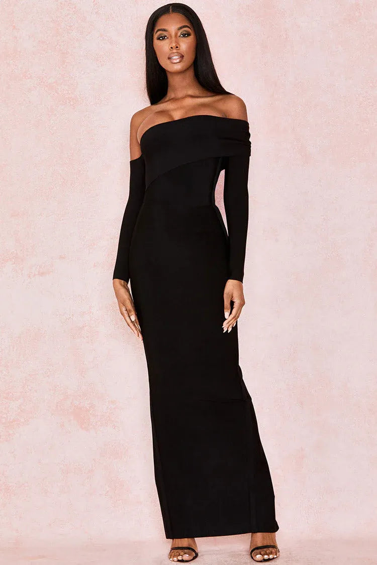 Structured Crepe Floor-Length Evening Dress Black Off-Shoulder Long-Sleeve for Women