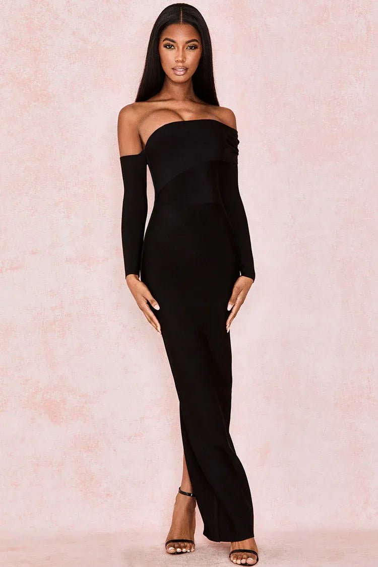 Structured Crepe Floor-Length Evening Dress Black Off-Shoulder Long-Sleeve for Women