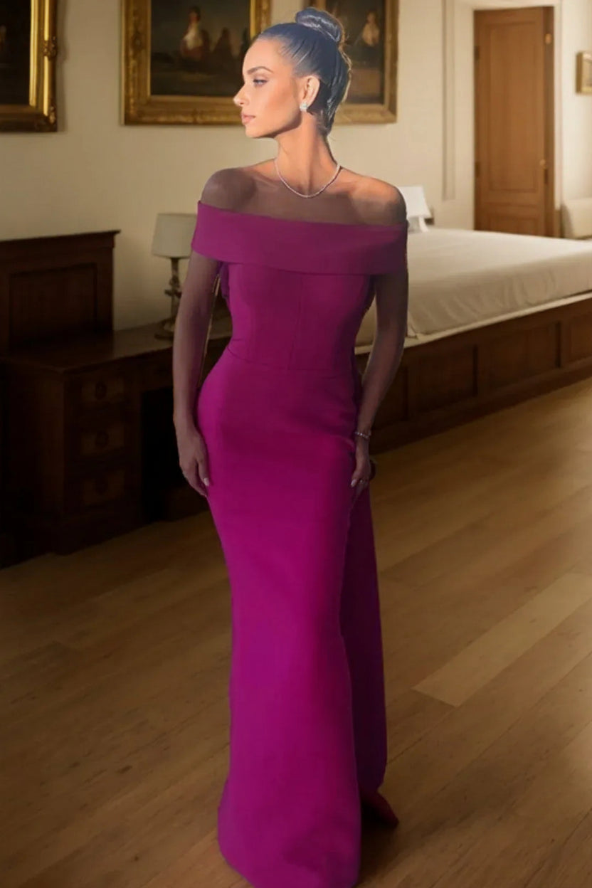 Structured Floor-Length Evening Dress Magenta Off-Shoulder Sheer-Sleeve for Women