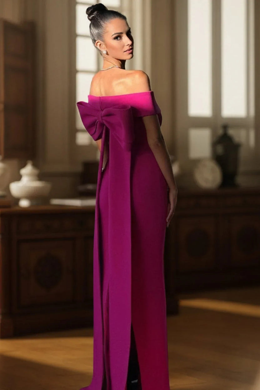Structured Floor-Length Evening Dress Magenta Off-Shoulder Sheer-Sleeve for Women