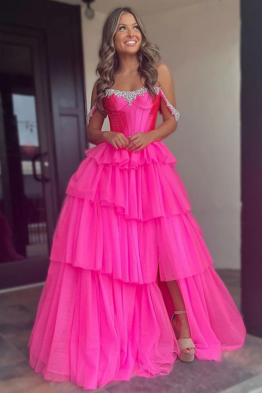 Full view of the hot pink A-line off-shoulder beaded tulle prom dress.