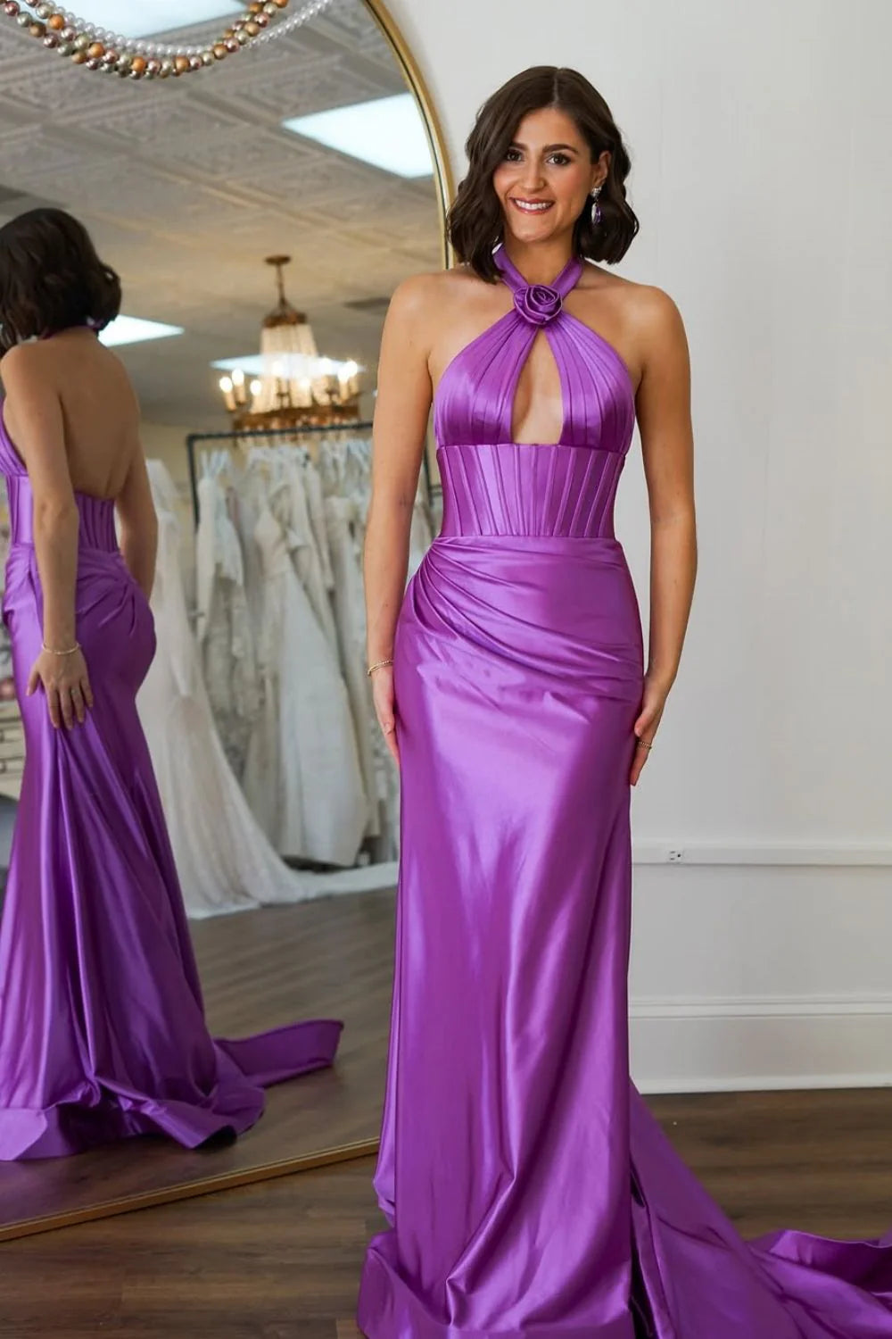 Full view of the elegant satin mermaid prom dress with a sweep train.