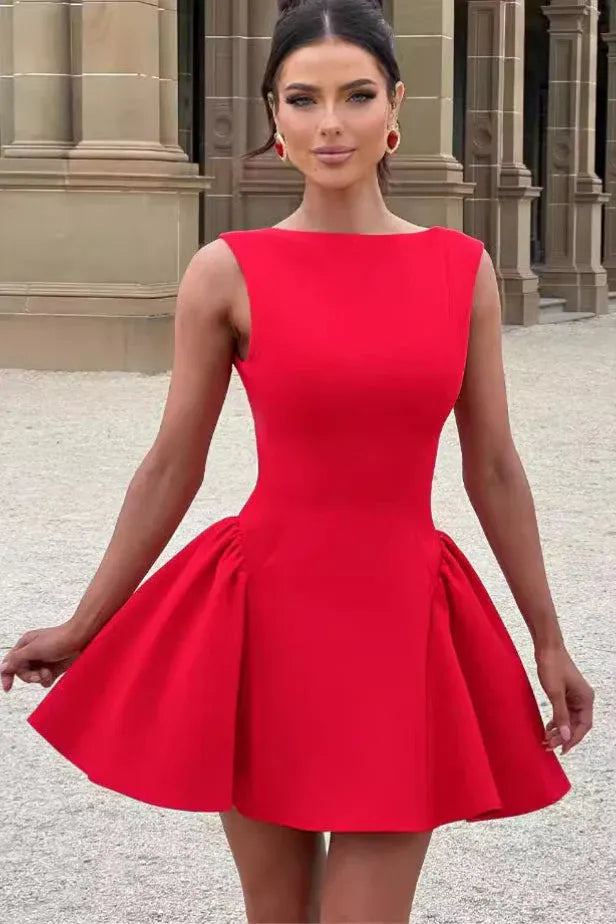 Stunning A-Line Bateau Sleeveless Scoop Back Pleated Red Short Homecoming Dress