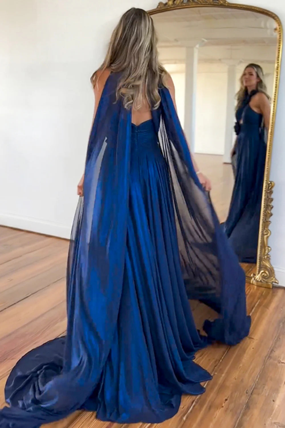 Stunning A-Line Halter Neck Slit Satin Navy Prom Dress With Streamer