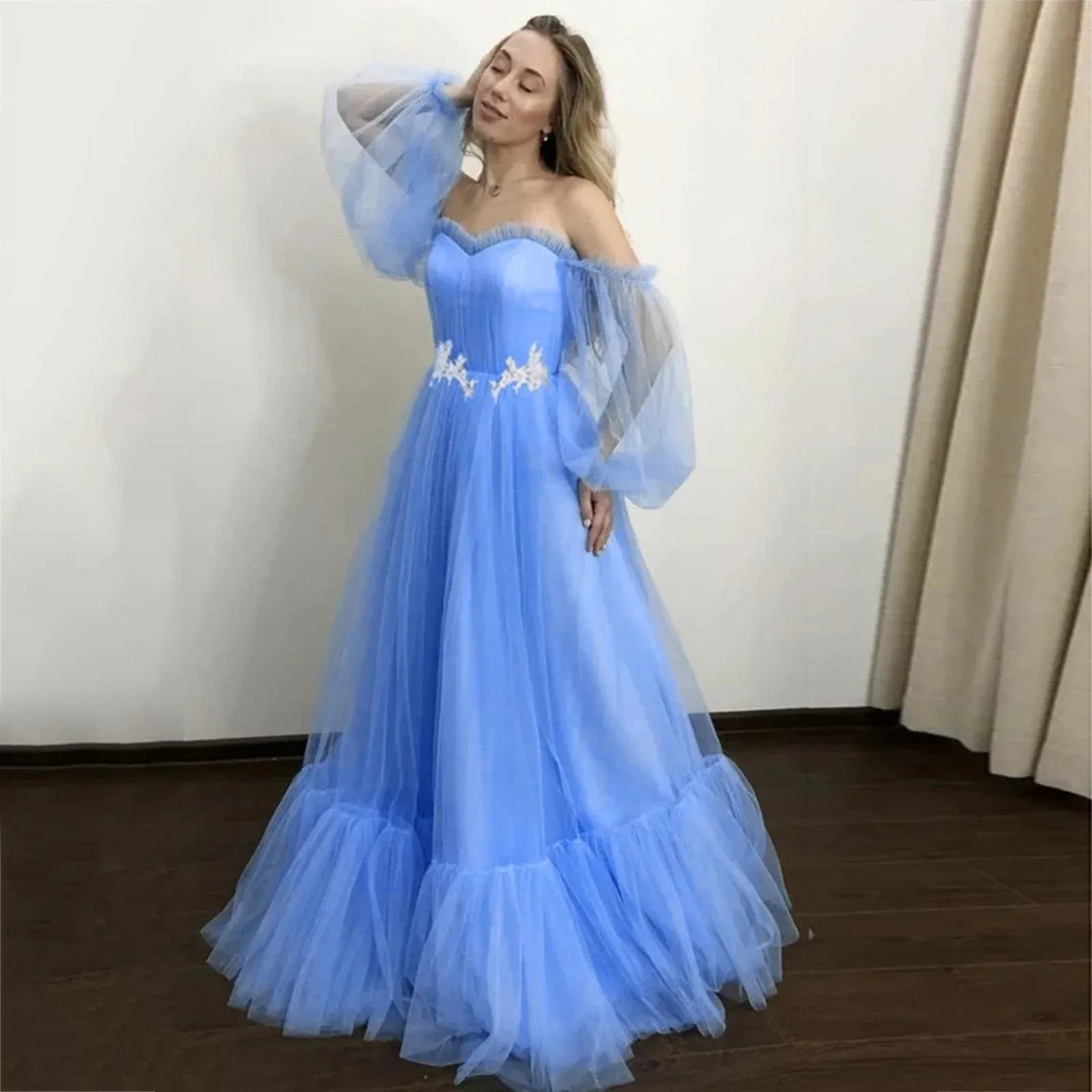 Stunning A-Line Off-Shoulder Puff Sleeve Appliqued Light Blue Floor-Length Prom Dress