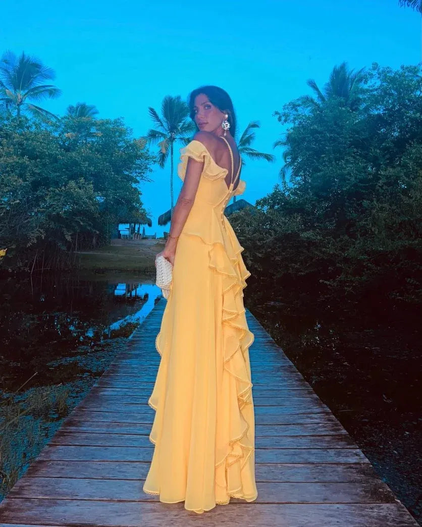 Stunning A-Line Off-Shoulder Ruffled Crisscross Back Yellow Floor-Length Prom Dress