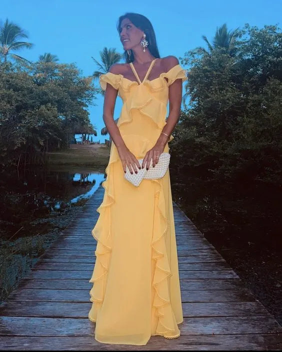 Stunning A-Line Off-Shoulder Ruffled Crisscross Back Yellow Floor-Length Prom Dress