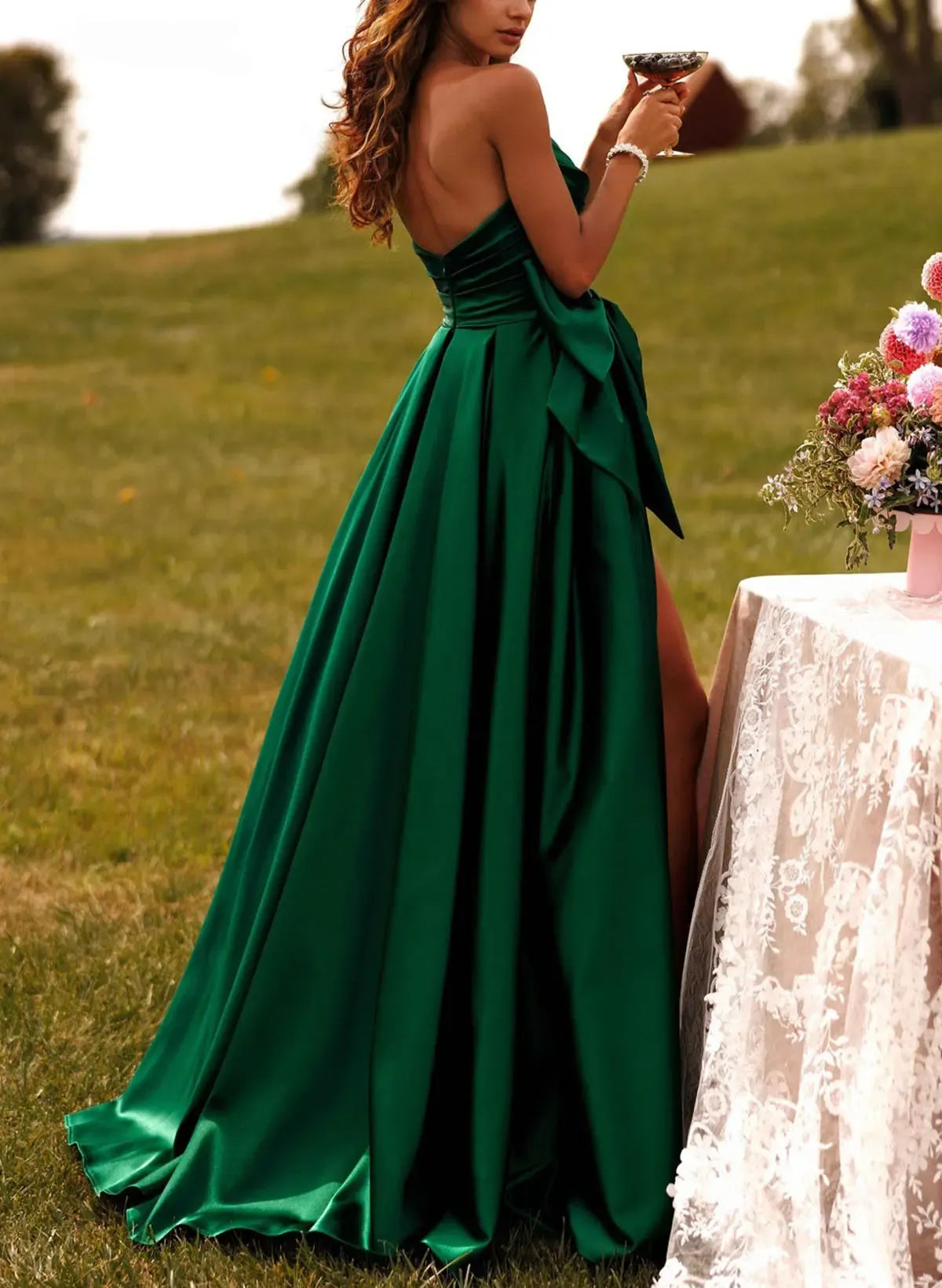 Stunning A-Line Strapless Bow Satin Emerald Floor-Length Prom Dress With High Slit