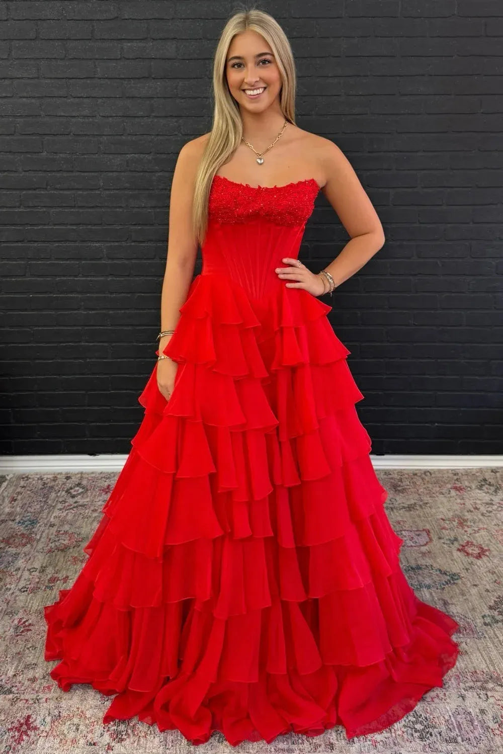 Stunning A-Line Strapless Corset Applique Tiered Chiffon Red Floor-Length Prom Dress