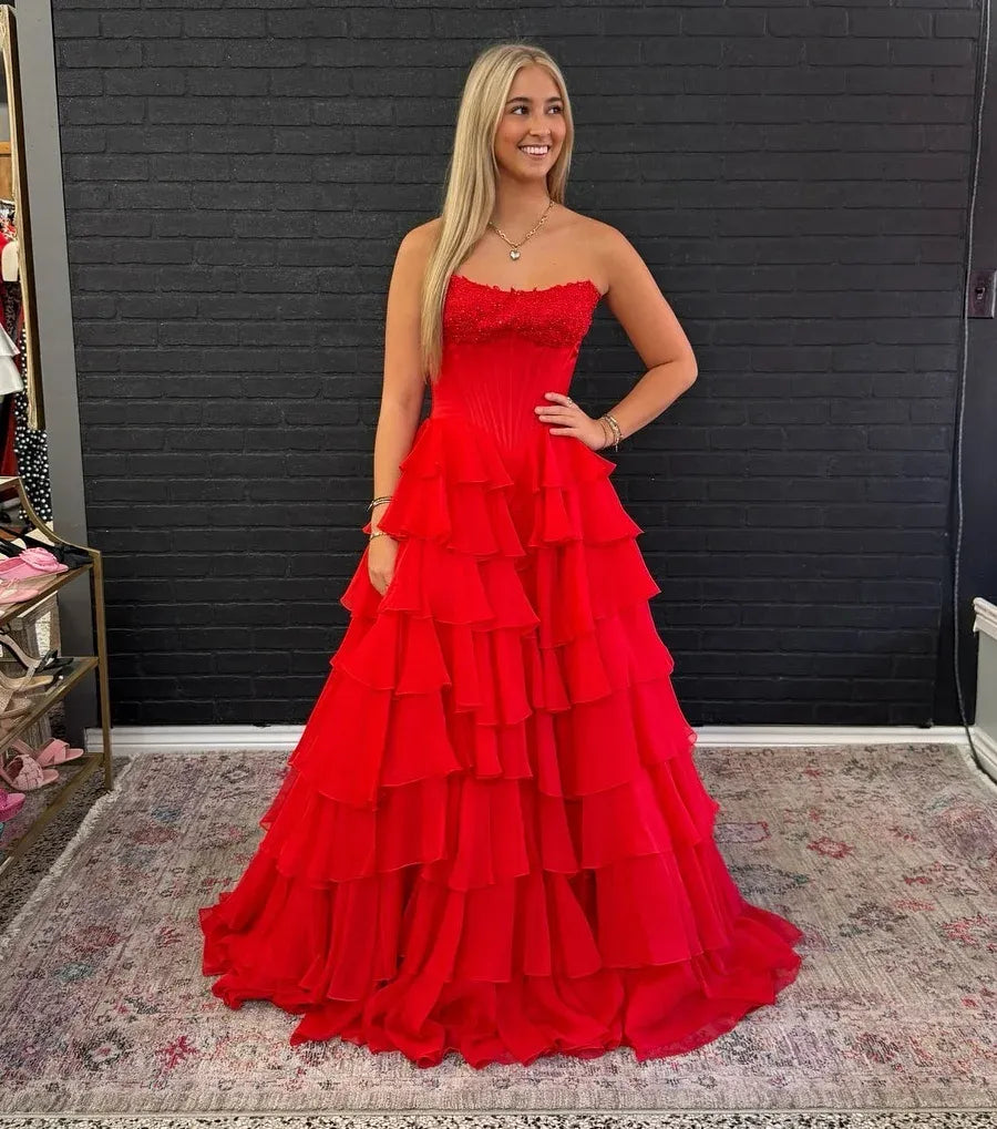 Stunning A-Line Strapless Corset Applique Tiered Chiffon Red Floor-Length Prom Dress