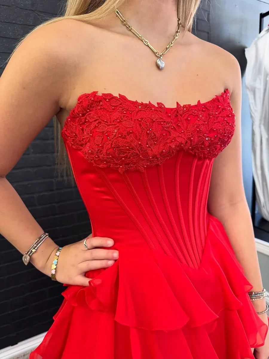 Stunning A-Line Strapless Corset Applique Tiered Chiffon Red Floor-Length Prom Dress