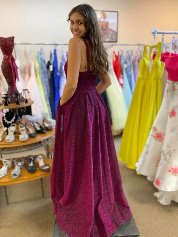Stunning A-Line V-Neck Glitter Magenta Floor-Length Prom Dress With Pockets
