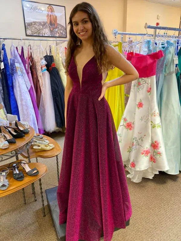 Stunning A-Line V-Neck Glitter Magenta Floor-Length Prom Dress With Pockets