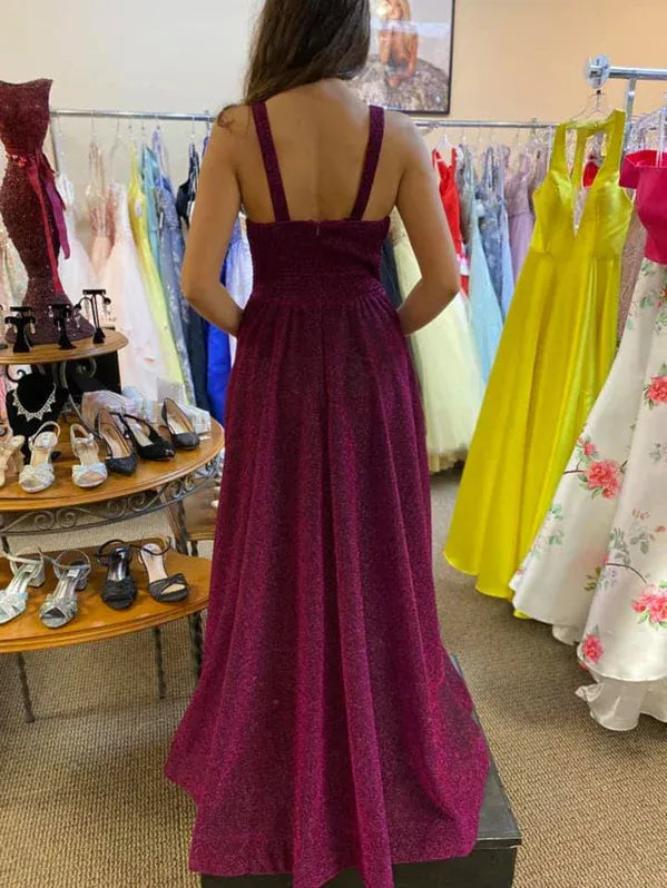 Stunning A-Line V-Neck Glitter Magenta Floor-Length Prom Dress With Pockets