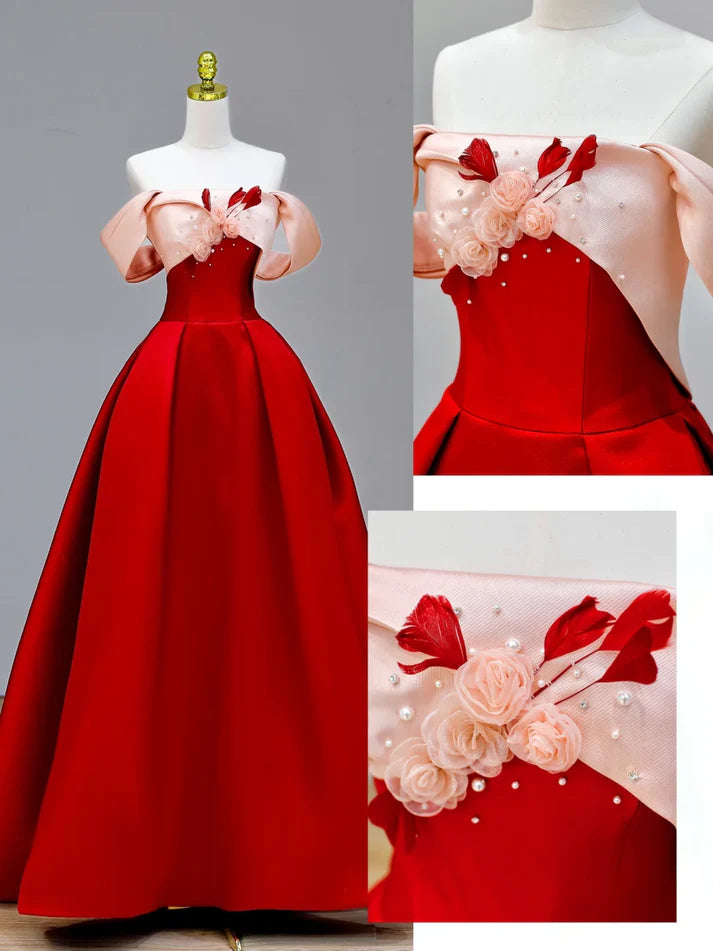 Stunning A-line Off The Shoulder Applique Red Prom Dress Evening Dress