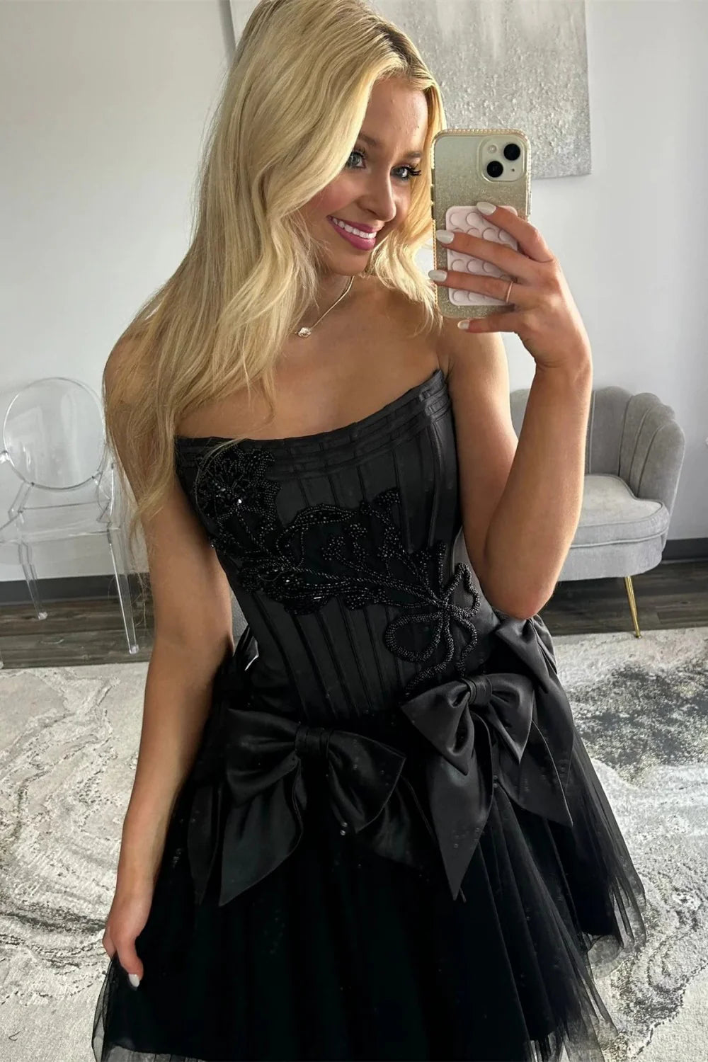 Stunning A Line Strapless Corset Bow Black Homecoming Dress With Beaded