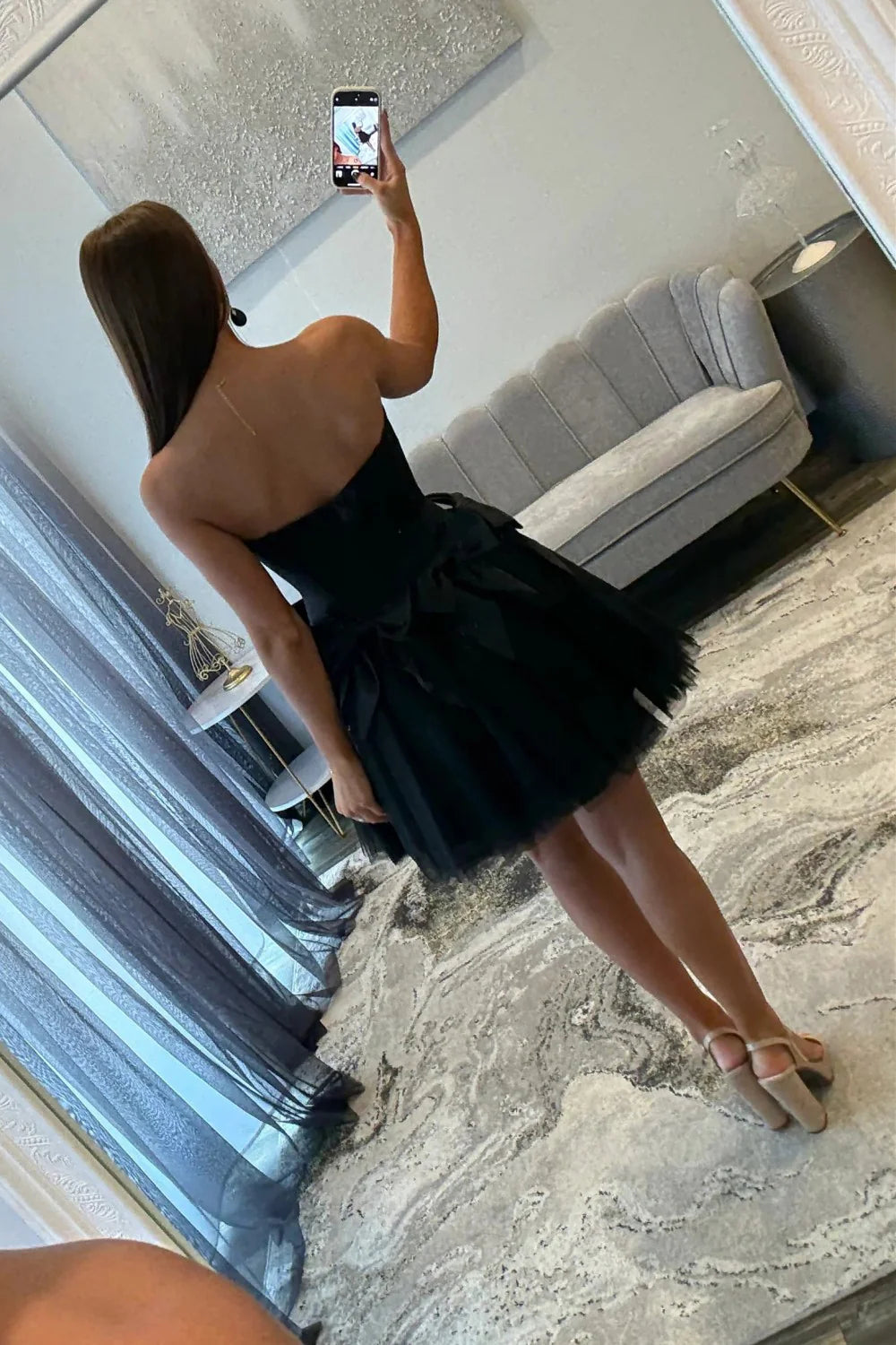 Stunning A Line Strapless Corset Bow Black Homecoming Dress With Beaded