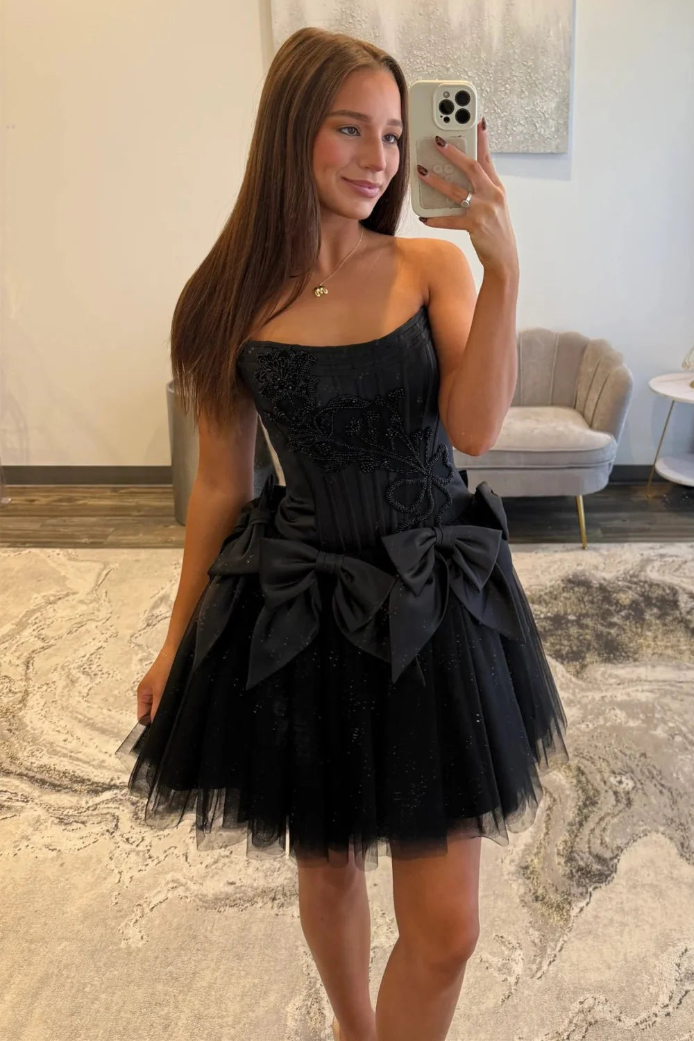 Stunning A Line Strapless Corset Bow Black Homecoming Dress With Beaded