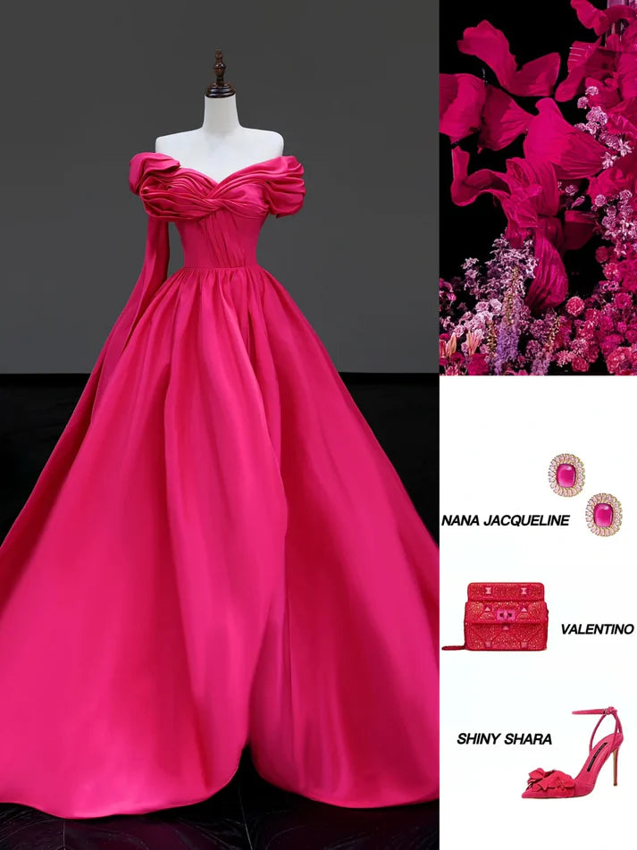 Stunning Ball Gown Pleated Satin Hot Pink Long Prom Dress Evening Dress