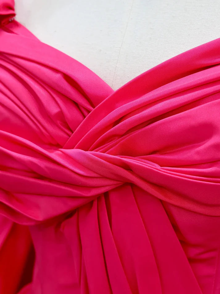 Stunning Ball Gown Pleated Satin Hot Pink Long Prom Dress Evening Dress