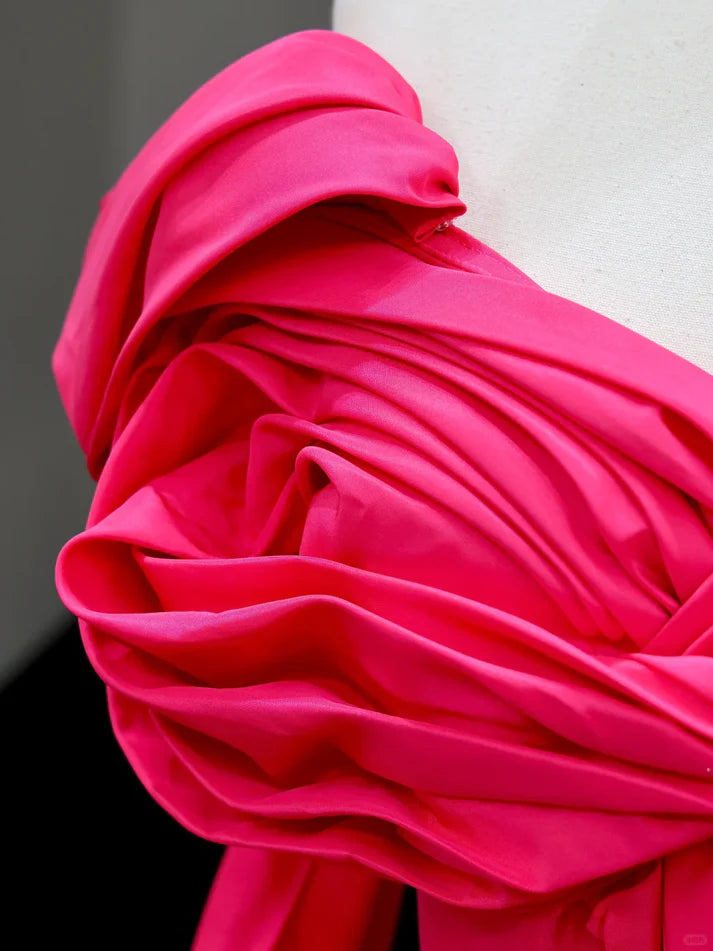 Stunning Ball Gown Pleated Satin Hot Pink Long Prom Dress Evening Dress