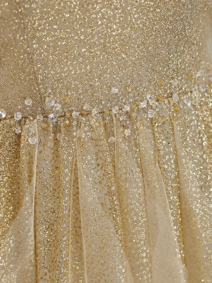 Stunning Ball Gown Spaghetti Straps Tulle Gold Long Prom Dress Evening Dress
