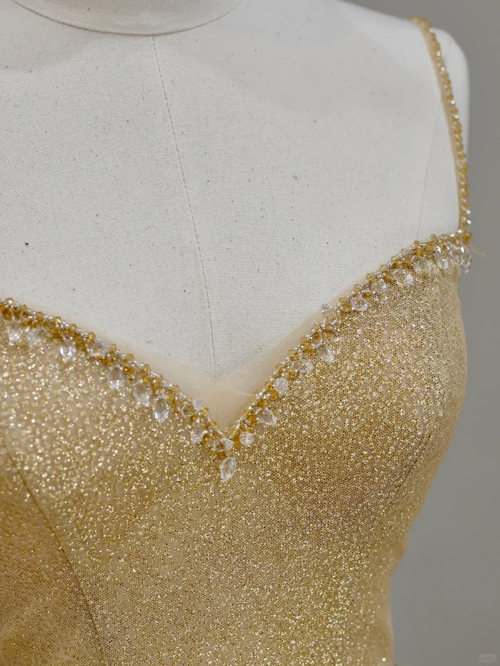 Stunning Ball Gown Spaghetti Straps Tulle Gold Long Prom Dress Evening Dress