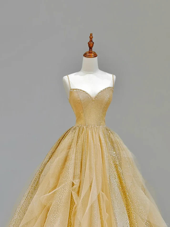 Stunning Ball Gown Spaghetti Straps Tulle Gold Long Prom Dress Evening Dress