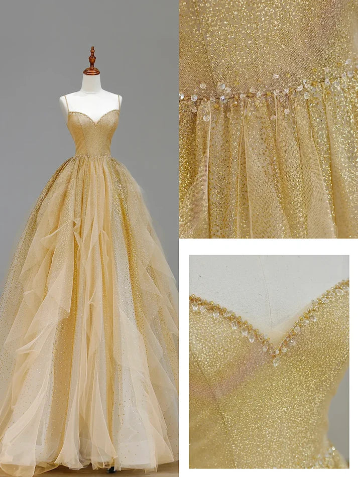 Stunning Ball Gown Spaghetti Straps Tulle Gold Long Prom Dress Evening Dress