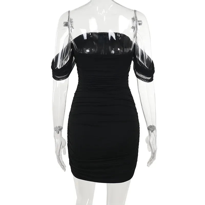 Stunning Bodycon Off-Shoulder Ruched Black Mini Homecoming Dress For Ladies