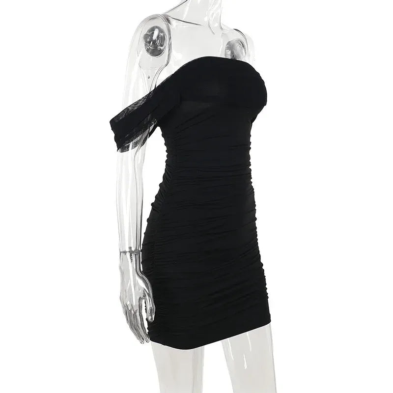 Stunning Bodycon Off-Shoulder Ruched Black Mini Homecoming Dress For Ladies