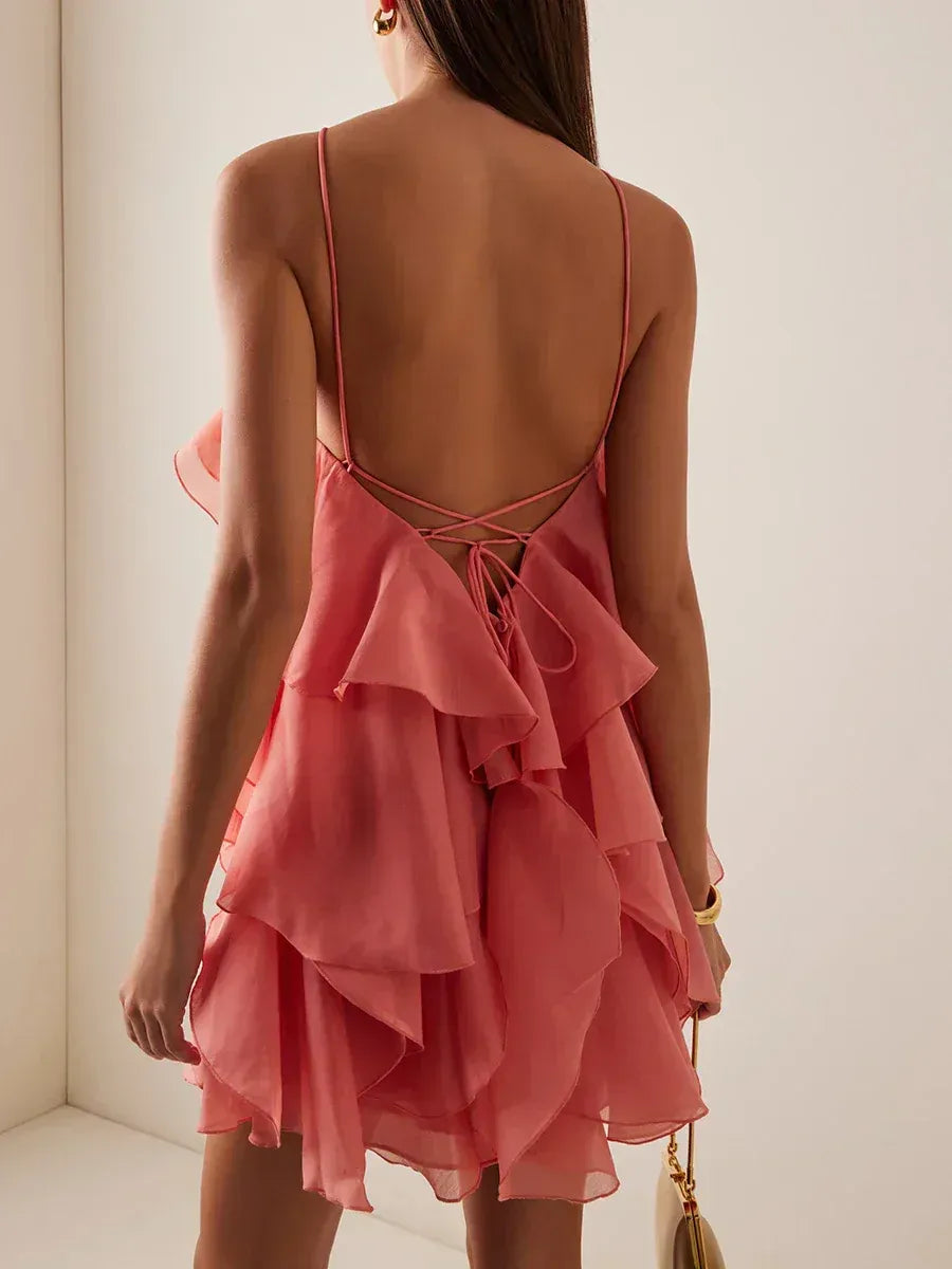 Stunning Flowy A-Line Halter Floral Layers Ruffle Dusty Rose Mini Homecoming Dress