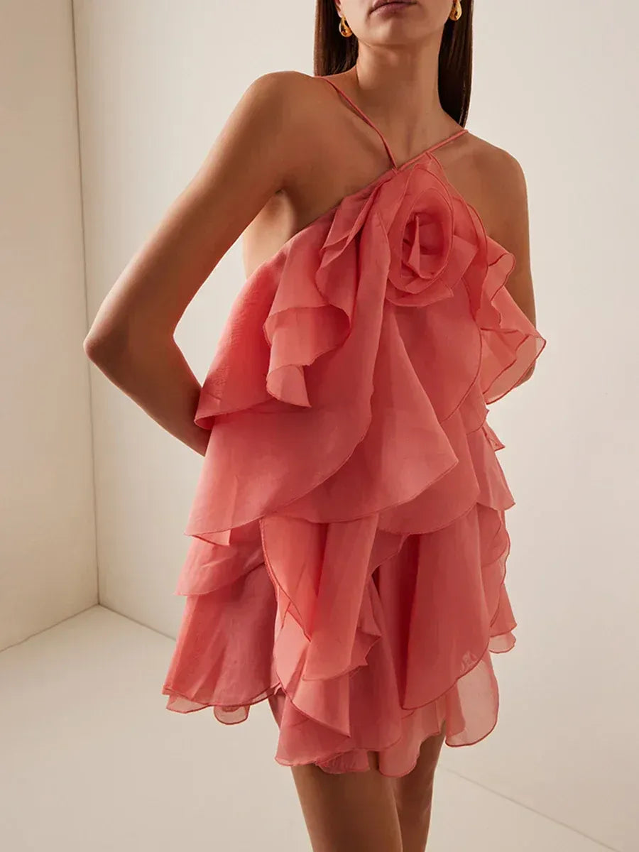 Stunning Flowy A-Line Halter Floral Layers Ruffle Dusty Rose Mini Homecoming Dress