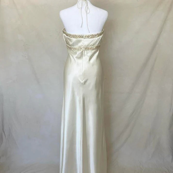 Stunning Halter Spaghetti Strap Beaded Satin Off White Long Party Dress