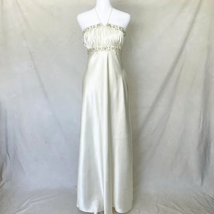 Stunning Halter Spaghetti Strap Beaded Satin Off White Long Party Dress