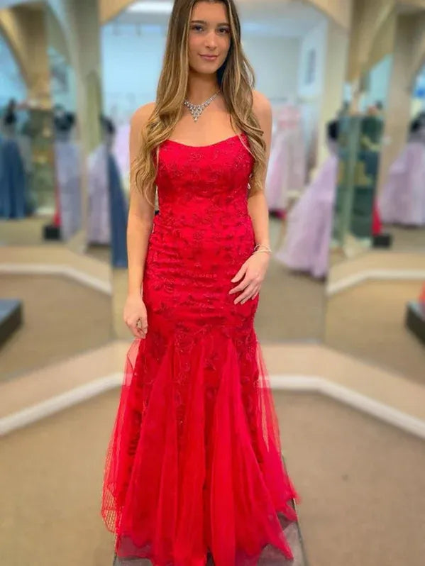 Stunning Mermaid Scoop Neck Lace Red Floor-Length Prom Dress With Lace Up Back