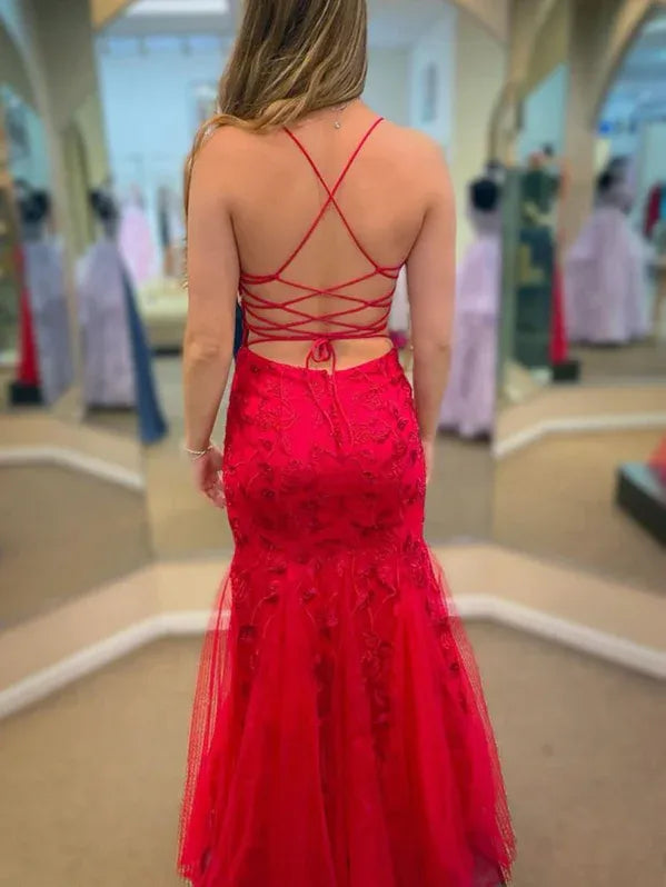 Stunning Mermaid Scoop Neck Lace Red Floor-Length Prom Dress With Lace Up Back
