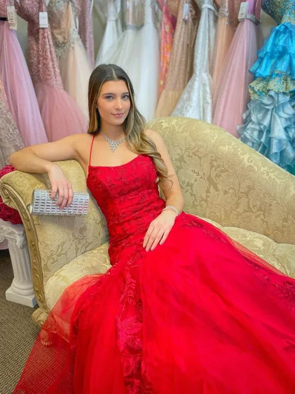 Stunning Mermaid Scoop Neck Lace Red Floor-Length Prom Dress With Lace Up Back