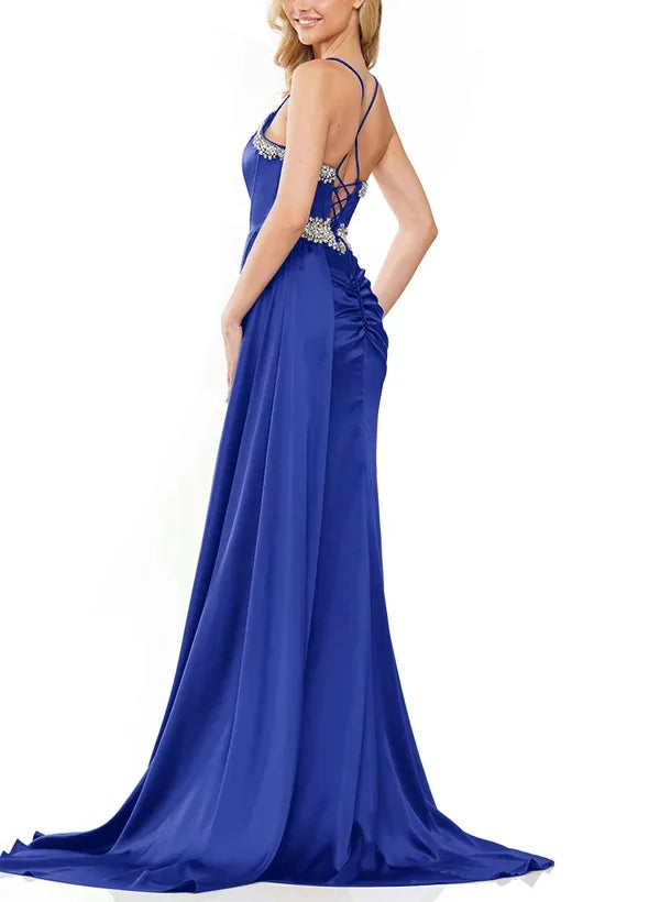 Stunning Mermaid Spaghetti-Strap Corset Beaded Royal Blue Floor-Length Prom Dress