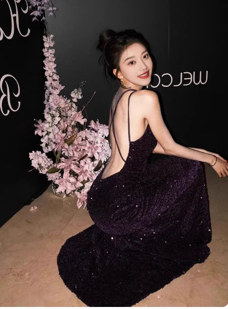 Stunning Mermaid Spaghetti Strap Open Back Sequins Dark Purple Evening Dress