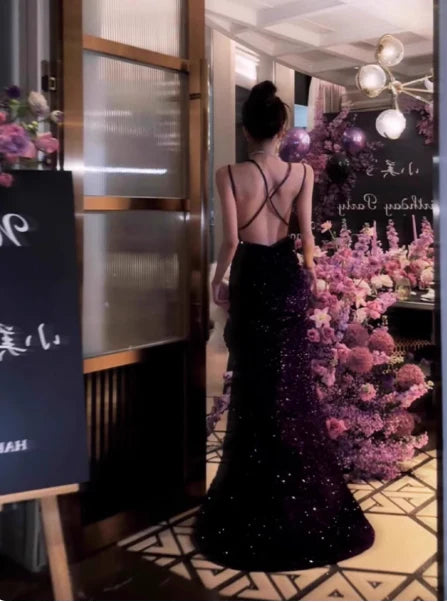Stunning Mermaid Spaghetti Strap Open Back Sequins Dark Purple Evening Dress