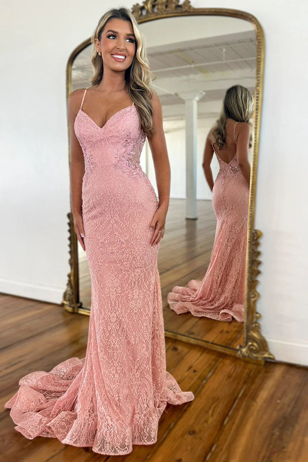 Stunning Mermaid Spaghetti Straps Backless Lace Pink Long Prom Dress