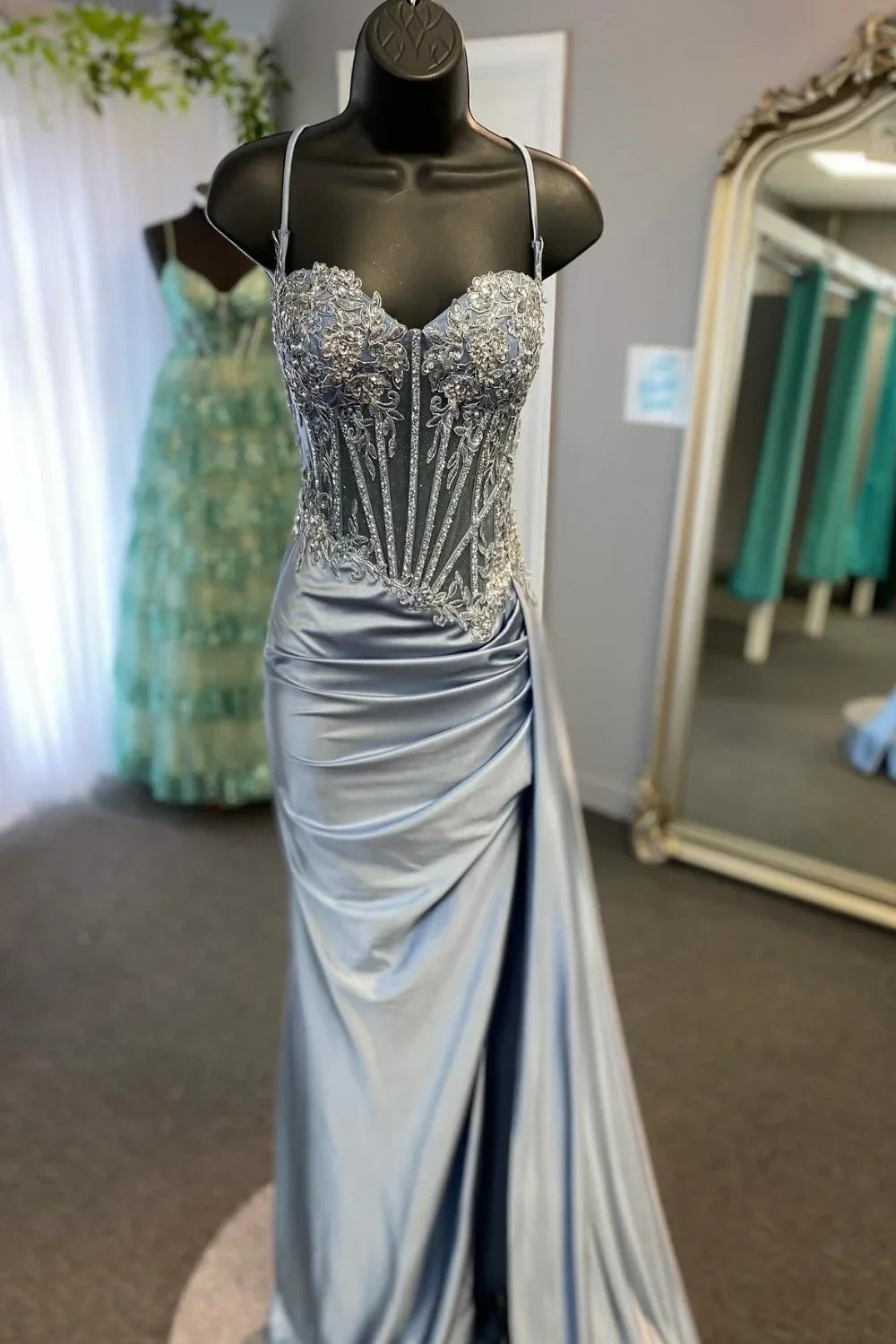Stunning Mermaid Spaghetti Straps Beaded Slit Prom Dress With Streamer