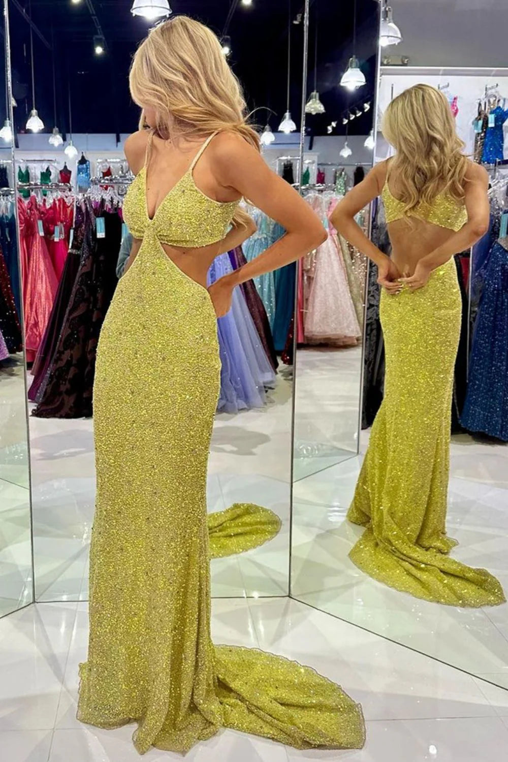 Stunning Mermaid Spaghetti Straps Open Back Sequins Golden Prom Dress