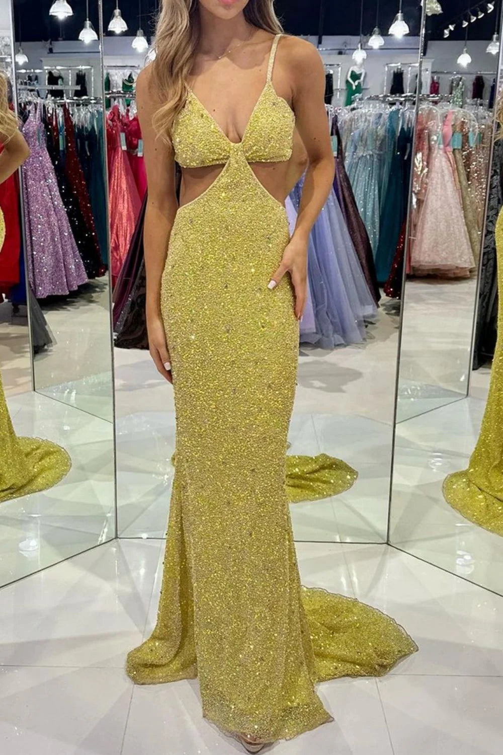 Stunning Mermaid Spaghetti Straps Open Back Sequins Golden Prom Dress