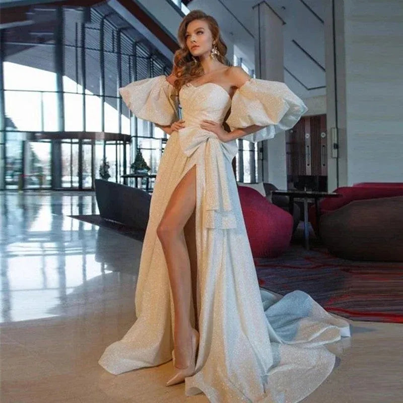 Stunning Mermaid Strapless Puffy Sleeves Ruched Slit White Train Prom Dress With Bow