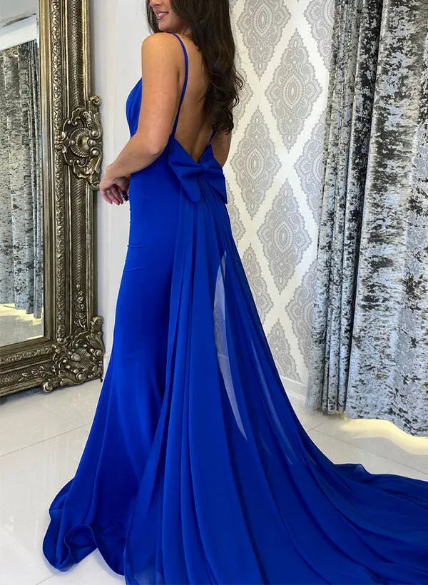 Stunning Mermaid V-Neck Spaghetti Strap Bow Backless Royal Blue Prom Dress With Train